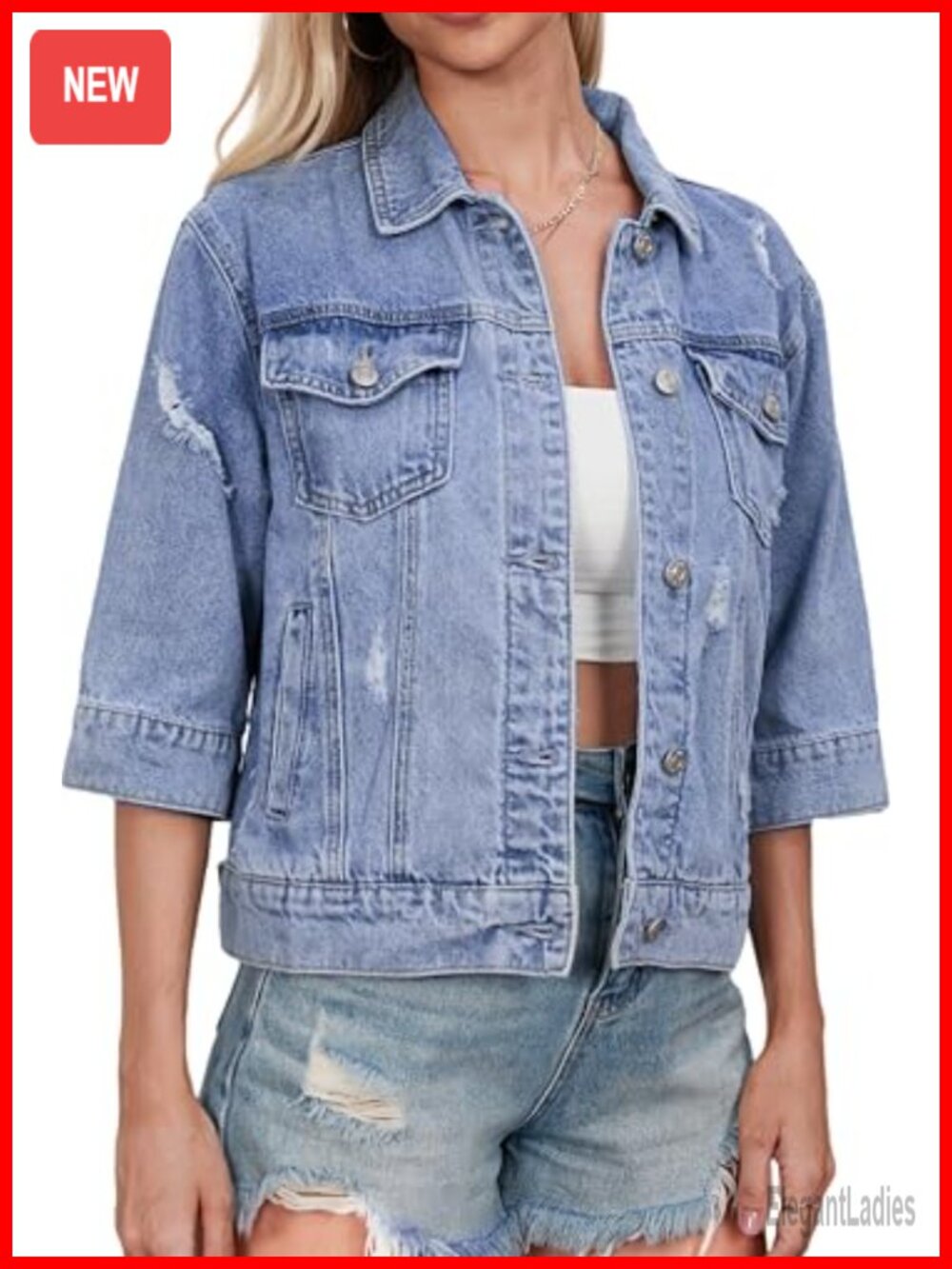 3/4 Sleeve Denim Jacket for Women, Cropped Lightweight Trucker Coat, Distressed